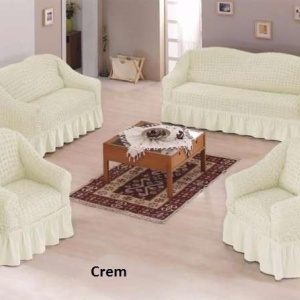 Set huse elastice si creponate pentru canapea 3 locuri, canapea 2 locuri si 2 fotolii, cu volanas, Crem