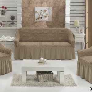 Set huse elastice si creponate pentru canapea 3 locuri si 2 fotolii, cu volanas, culoare Bej Cacao cu lapte