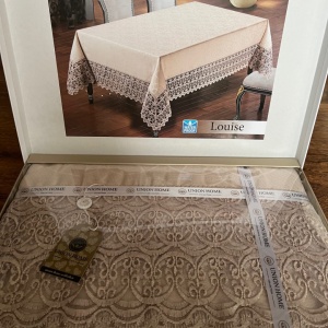 Fata de masa cu tesatura jacquard si dantela, 160 x 220 cm, culoare cappuccino, Louise