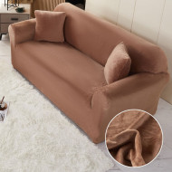 Husa elastica si catifelata pentru canapea 3 locuri + fata perna, culoare Maro Deschis