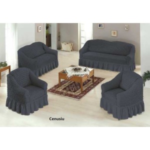 Set huse elastice si creponate pentru canapea 3 locuri, canapea 2 locuri si 2 fotolii, cu volanas, Cenusiu