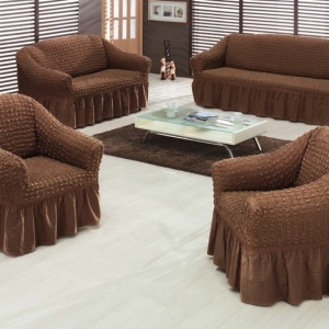 Set huse elastice si creponate pentru canapea 3 locuri, canapea 2 locuri si 1 fotoliu, cu volanas, Maro