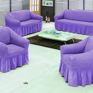 Set huse elastice si creponate pentru canapea 3 locuri, canapea 2 locuri si 1 fotoliu, cu volanas, Lila