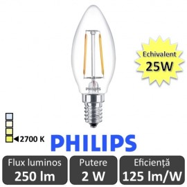 Bec LED Philips - Classic Filament LED 2W B35 E14 827 alb-cald