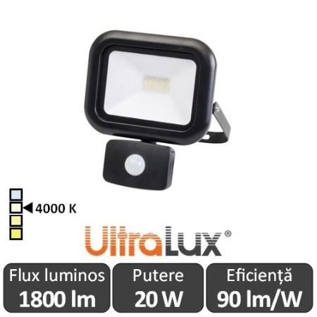 Ultralux - Proiector LED cu senzor 20W alb-neutru