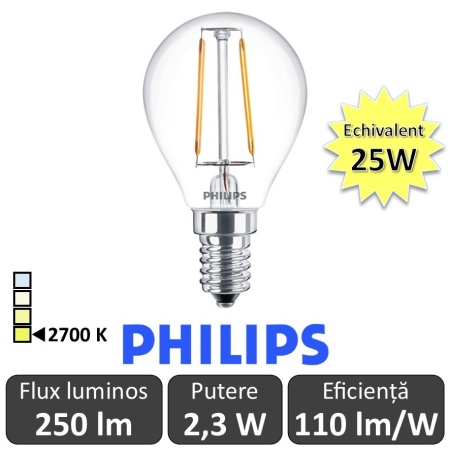 Bec LED Philips - Classic Filament LED 2,3W P45 E14 827 alb-cald