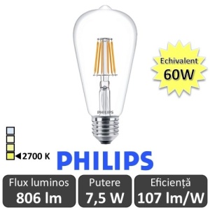 Bec LED Philips - Classic Filament LED 7,5W ST64 E27 827 alb-cald