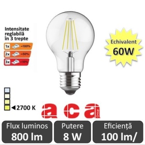 Bec LED Aca Filament Dimabil in 3 trepte 8W E27 alb-cald