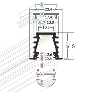 Profil LED încastrat DEEP 10, alb, lungime 2m