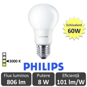 Bec LED Philips - CorePro LED bulb 8W A60 230V E27 alb-cald