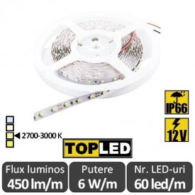 Bandă LED flexibilă - SMD2835 6W/m 12V IP66 rolă 5m alb-cald