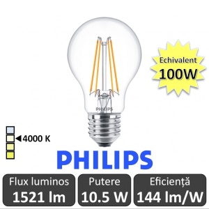 Bec LED Philips - Classic Filament LED 10.5-100W A60 E27 840 alb-neutru