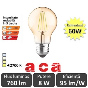 Bec LED Aca Filament Dimabil in 3 trepte 8W E27 Amber alb-cald