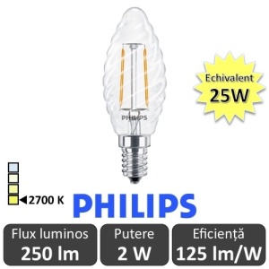 Bec LED Philips - Classic Filament LED 2W ST35 E14 827 alb-cald