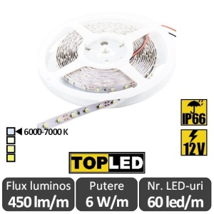 Bandă LED flexibilă - SMD2835 6W/m 12V IP66 rolă 5m alb-rece
