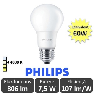 Bec LED Philips - CorePro LED bulb 7,5W A60 230V E27 alb-neutru
