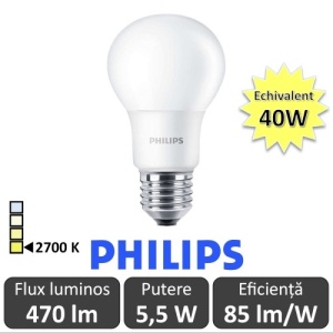 Bec LED Philips - CorePro LED bulb 5,5W A60 230V E27 alb-cald