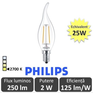 Bec LED Philips - Classic Filament LED 2W BA35 E14 827 alb-cald