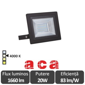 Aca Lighting - Proiector LED de Exterior 20W IP66 4000K Alb-Neutru Negru