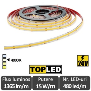 Bandă LED flexibilă - COB 15W/m 480led/m 24V, rolă 5m, alb-neutru
