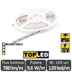 Bandă LED flexibilă - SMD2835, 120 LED/m, 9,6W/m 12V IP66 rolă 5m alb-rece