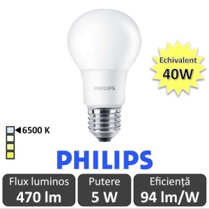 Bec LED Philips - CorePro LED bulb 5W A60 230V E27 alb-rece