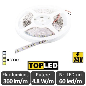 Bandă LED flexibilă - SMD2835 4.8W/m 24V 60led/m rolă 5m alb-cald