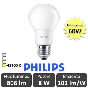 Bec LED Philips - CorePro LED bulb 8W A60 230V E27 alb-cald