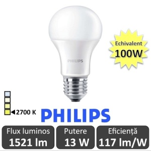 Bec LED Philips - CorePro LED bulb 13W A60 230V E27 alb-cald