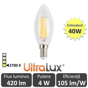 Bec LED Filament lumânare 4W E14 230V B35 alb-cald