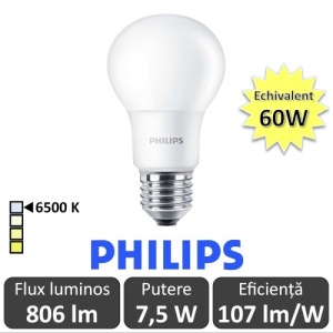 Bec LED Philips - CorePro LED bulb 7,5W A60 230V E27 alb-rece