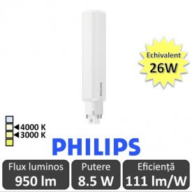 Philips bec LED PL-C 8.5W 2 pini 3000/4000K alb-cald/alb-neutru