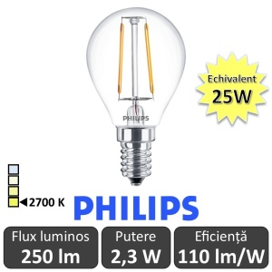 Bec LED Philips - Classic Filament LED 2,3W P45 E14 827 alb-cald