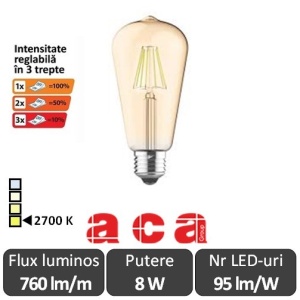 Bec LED Aca Filament Dimabil 3 trepte 8W E27 Amber ST64 alb-cald