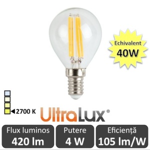 Bec LED Filament lustră 4W E14 230V P45 alb-cald