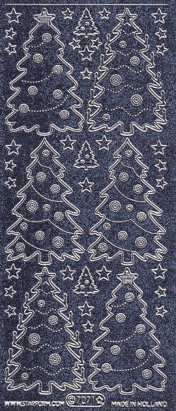 Starform sticker kerstbomen zwarte glitter met zilver 7071 (Locatie: J553)