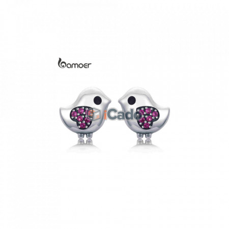 Cercei din argint Lovely Little Bird Clear CZ Pink Heart - BAMOER 100% 925