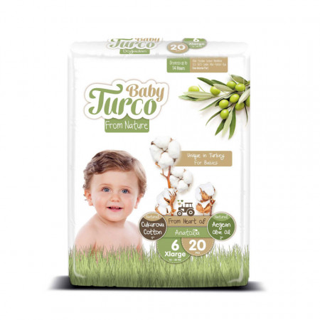 Scutece bumbac, Vegane Baby Turco pentru Copii între 16 și 25 Kg Numărul 6 Set de 20 bucăți