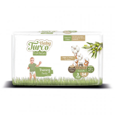 Scutece Chiloțel bumbac, Vegane Baby Turco pentru Copii între 5 și 9 Kg Numărul 3 Set de 34 bucăți