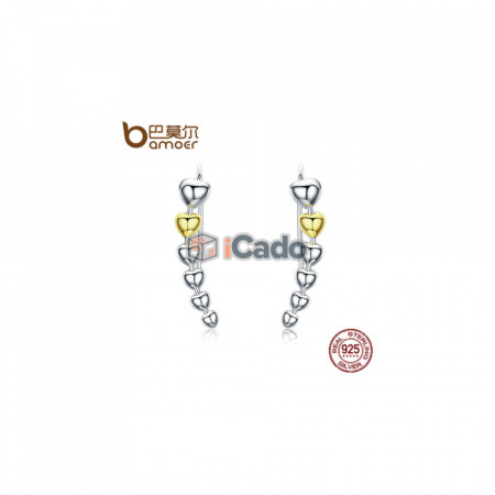 Cerceri din argint Gold Color Heart Shape Long Drop - BAMOER Authentic 925