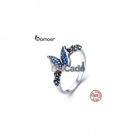 Inel din argint Butterfly & Flower Blue CZ - Sterling Silver
