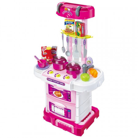 Set bucătărie pentru copii tip valiză 3 în 1 cu 43 accesorii, sunete și lumini Troler model W097