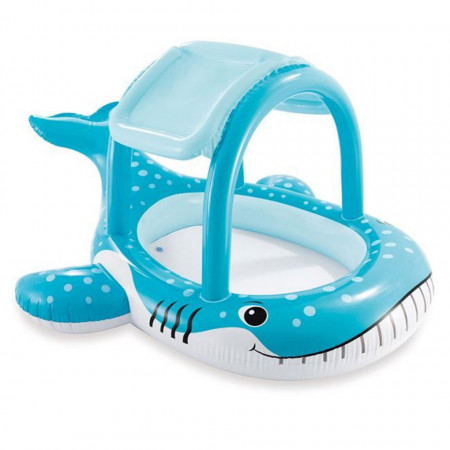 Piscină gonflabilă cu acoperiș pentru copii marca Intex, dimensiune 211 x 185 x 109 cm formă de Balenă