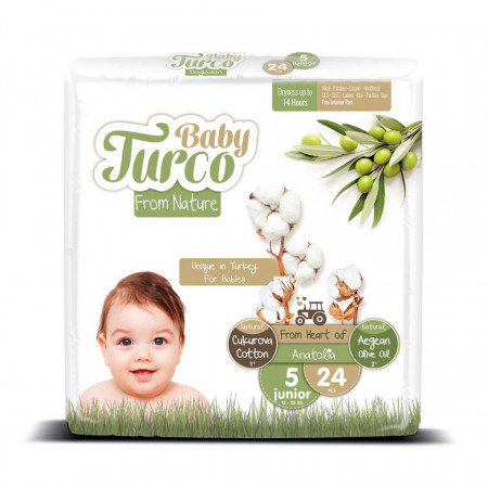 Scutece bumbac, Vegane Baby Turco pentru Copii între 12 și 25 Kg Numărul 5 Set de 24 bucăți