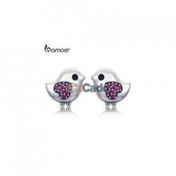 Cercei din argint Lovely Little Bird Clear CZ Pink Heart - BAMOER 100% 925