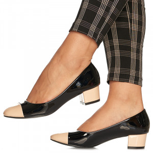 Pantofi office cu toc mic din lac Antonia bej cu negru