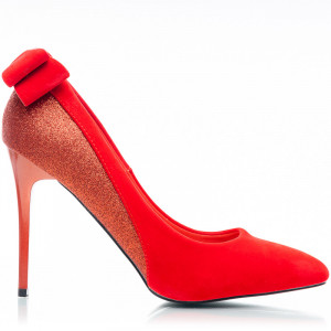 Pantofi stiletto cu toc inalt din velur cu material deosebit lucios Adeline rosu