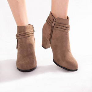 Botine cu toc din velur Paris kaki