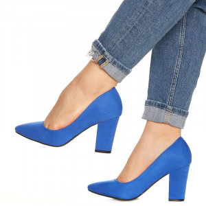 Pantofi cu toc gros din velur Camilia albastru