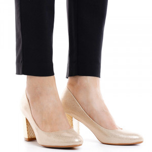 Pantofi dama cu toc mediu din material deosebit Catarina bej auriu